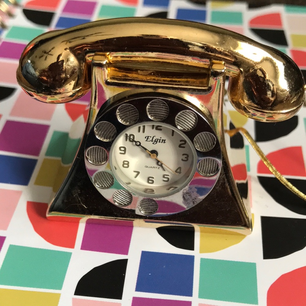 Vintage Gold Tone Office Desktop/ Paperweight Miniature Telephone Clock. Rare!